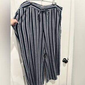Per Se Navy and White linen blend wide leg Striped Drawstring Pants